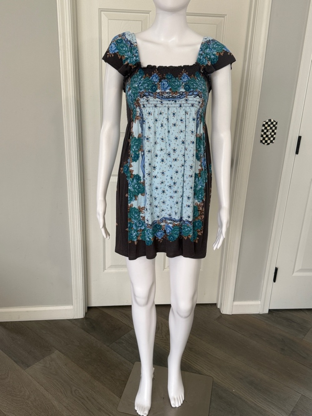 One Clothing Blue and Brown Floral & Bridle Print Smocked Tank Top Mini Dress-S